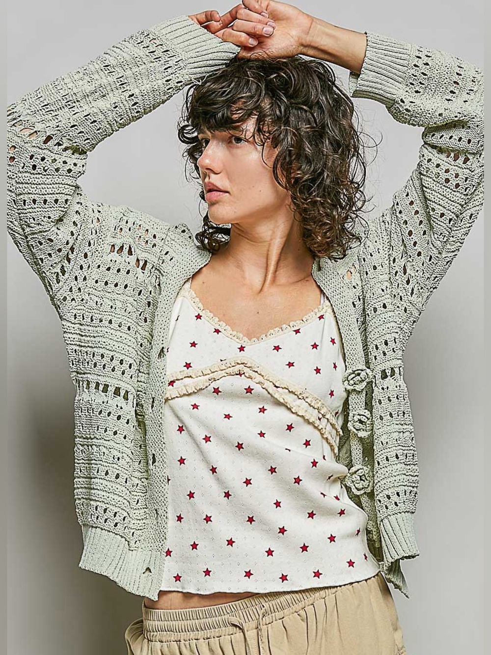 💚 Hello Gorgeous! POL Open-Knit Floral Button Cardigan-Lime